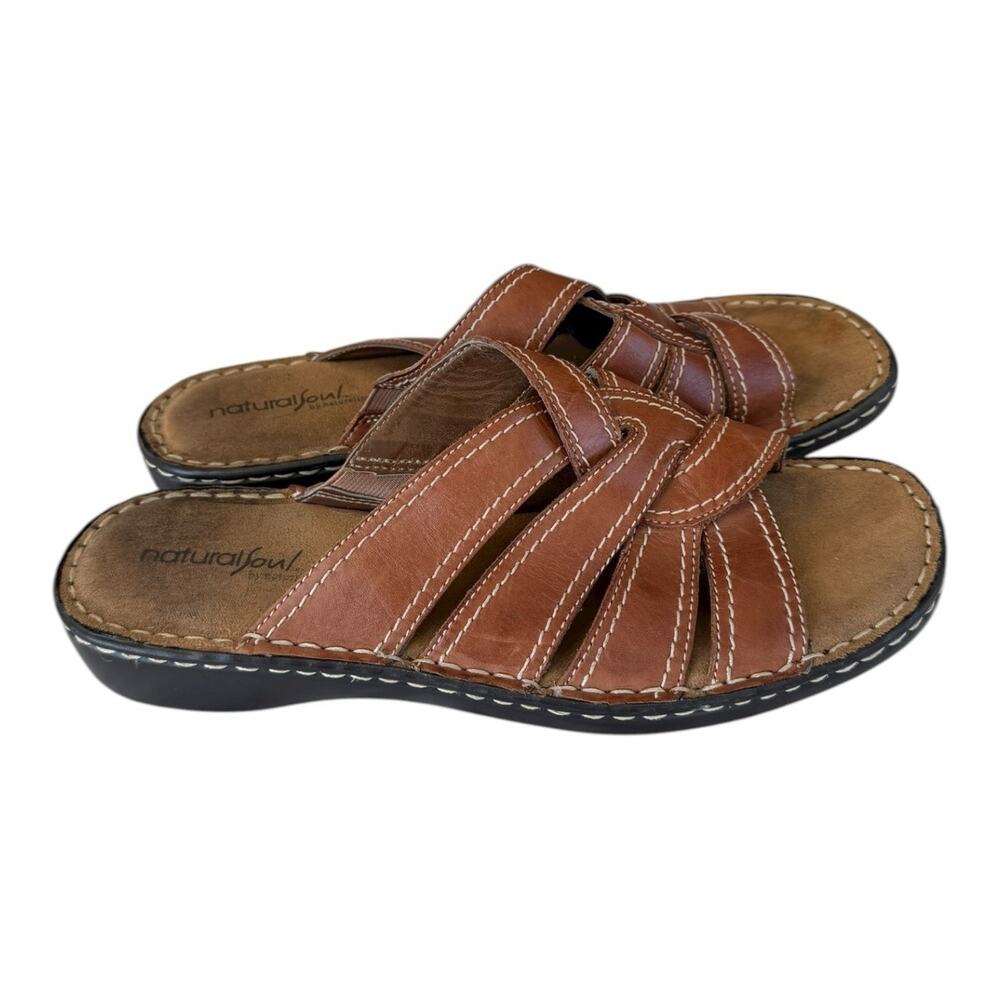 Natural Soul by Naturalizer Womens Brown Leather Slip On Sandal CHATMAN Size 10M